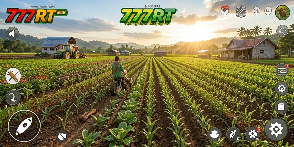 Screenshot gameplay yang menampilkan ladang yang subur dan tanaman yang tumbuh.