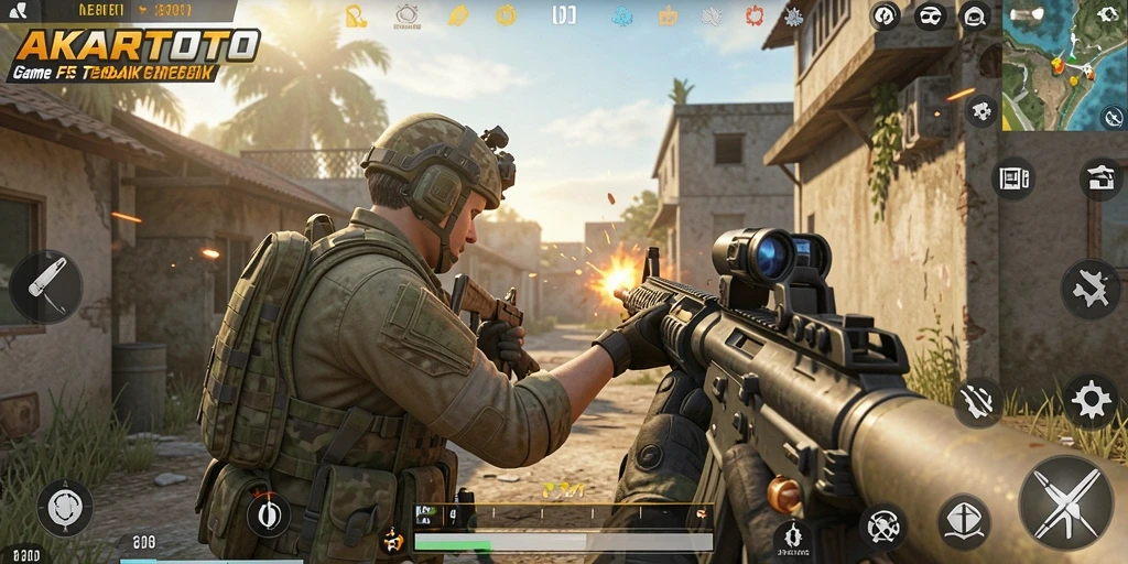 Tampilan gameplay AKARTOTO dengan aksi tembak-menembak yang seru.