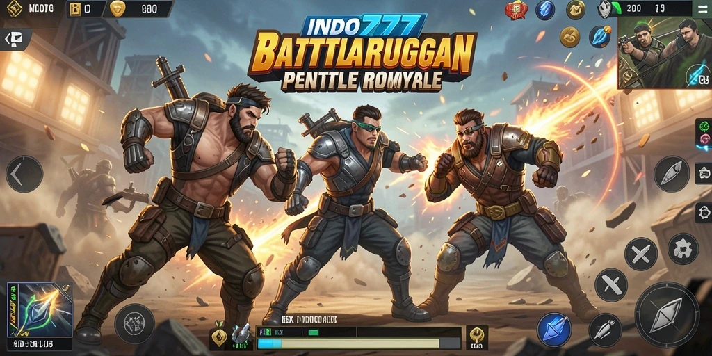 Tangkapan layar utama INDO777 menampilkan aksi Battle Royale yang mendebarkan.
