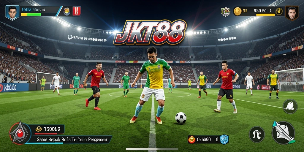 Screenshot gameplay JKT88 dengan tampilan lapangan sepak bola yang realistis.