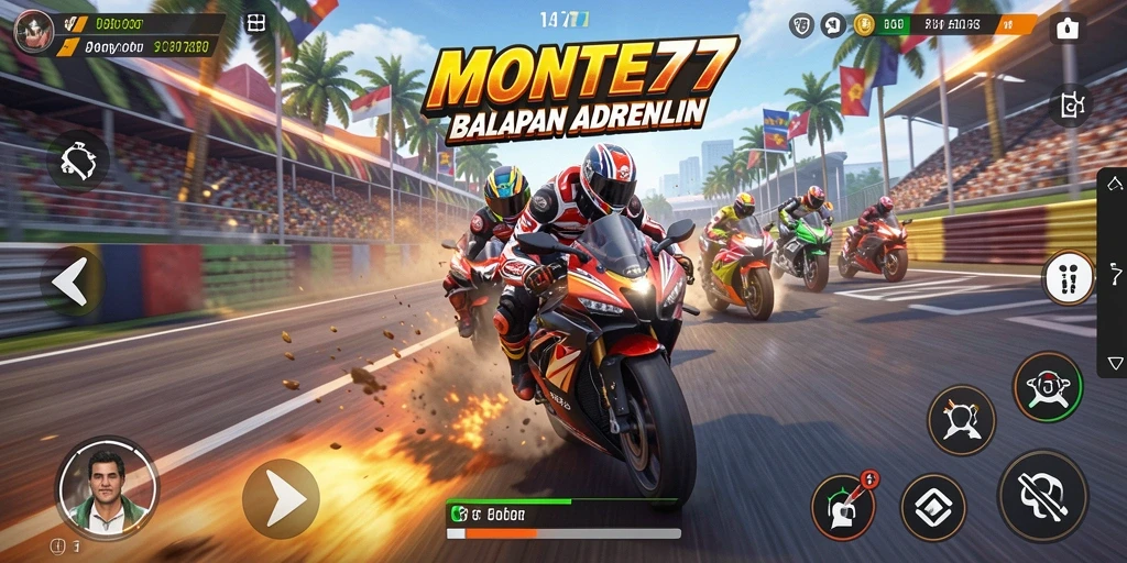 Tampilan Gameplay MONTE77 yang penuh aksi dalam balapan motor.