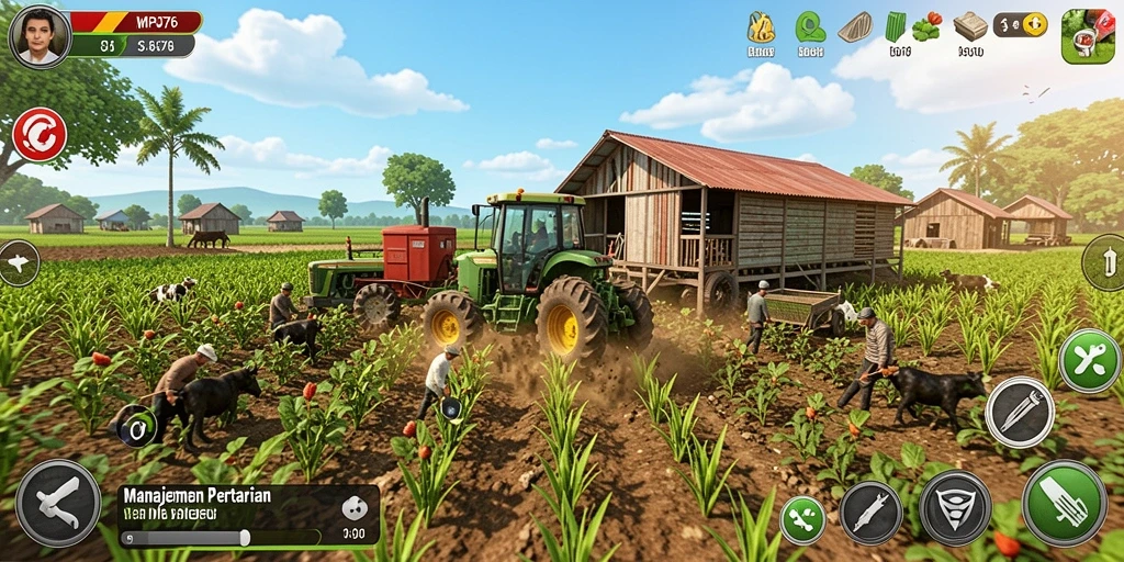 Tampilan gameplay seru dalam MPO76 dengan aktivitas bertani.