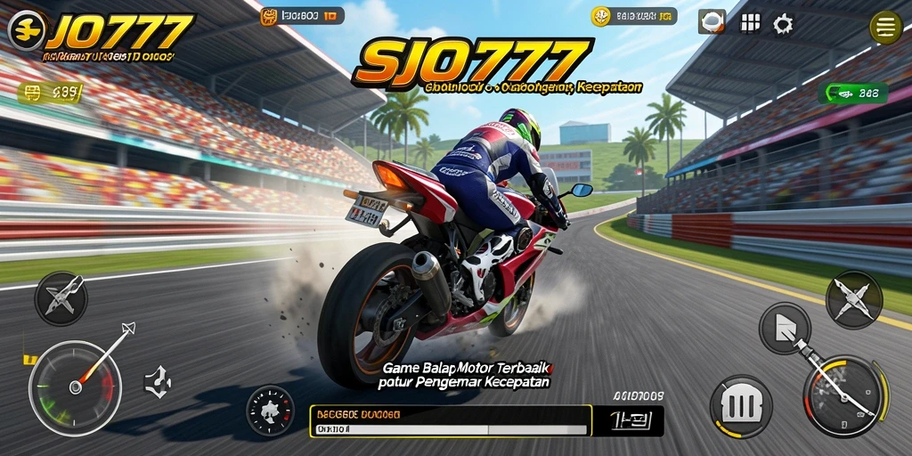Tampilan gameplay SJO777 yang intens dan seru saat balapan motor.